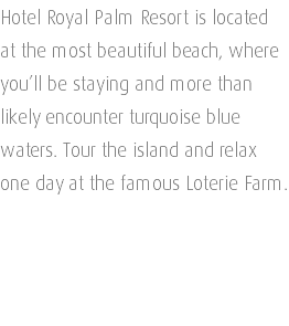 Hotel Royal Palm Resort is located at the most beautiful beach, where you’ll be staying and more than likely encounter turquoise blue waters. Tour the island and relax one day at the famous Loterie Farm. 